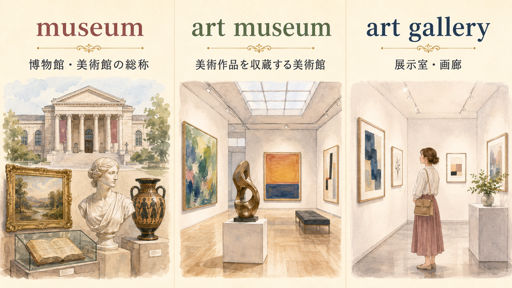 museum・art museum・art galleryの違いを示す比較イラスト