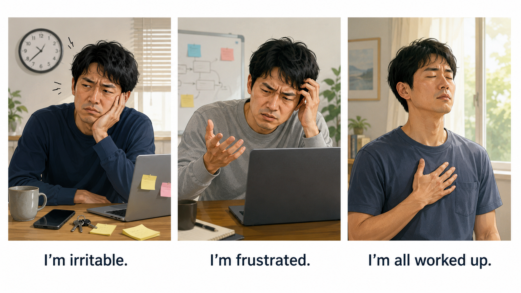 I'm irritable、I'm frustrated、I'm all worked upの違いを表す3場面のイラスト