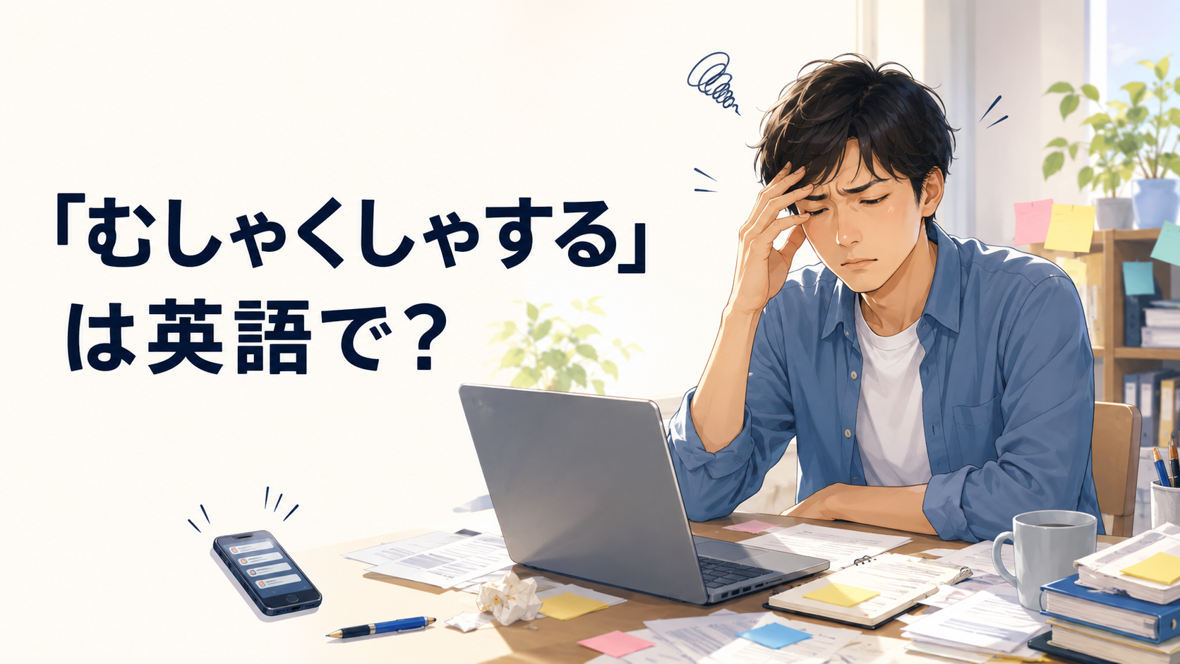「むしゃくしゃする」は英語で？と細かなことに苛立つ男性のイラスト