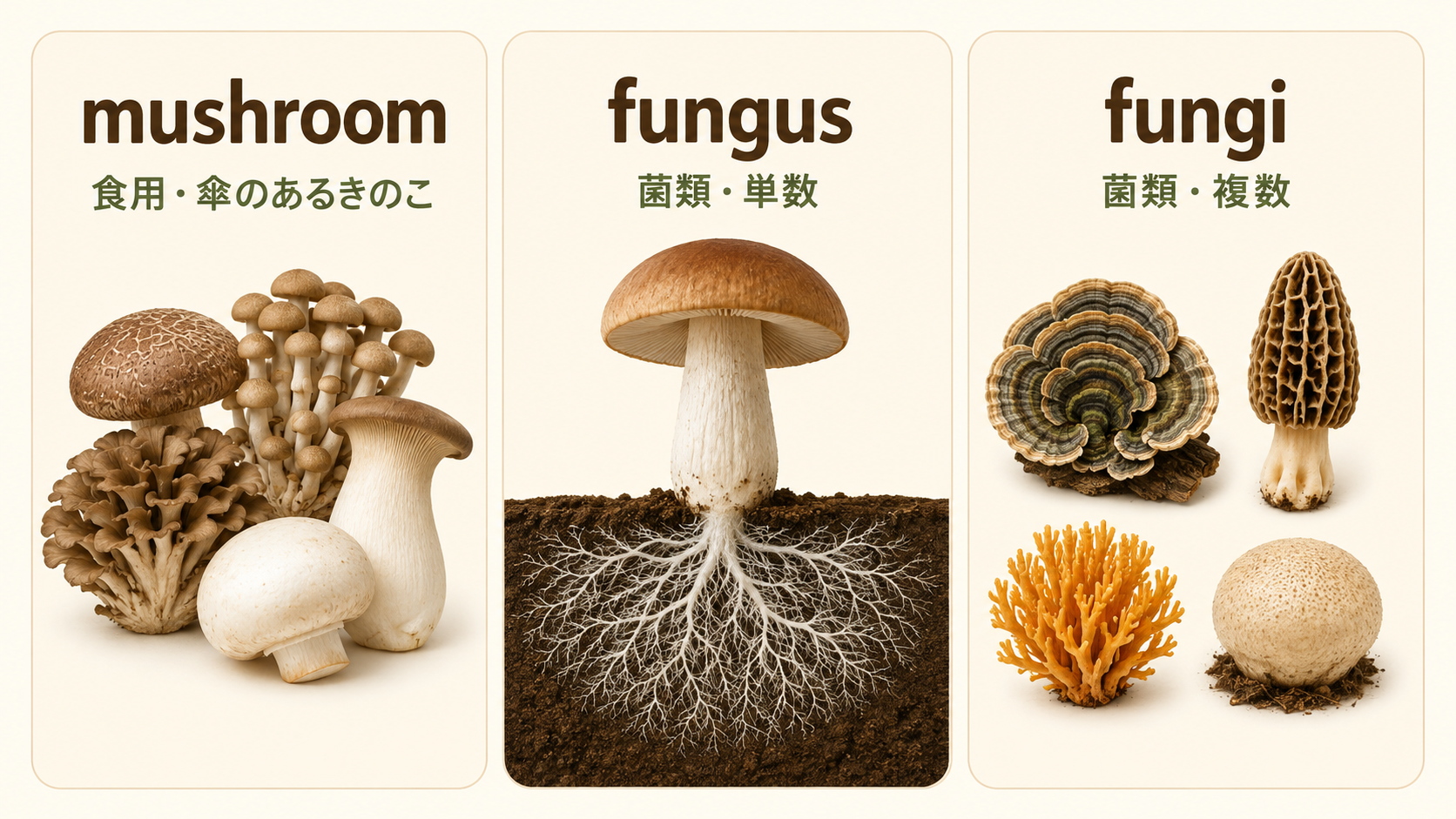 mushroom、fungus、fungiの意味と単数・複数の違いを示した比較画像