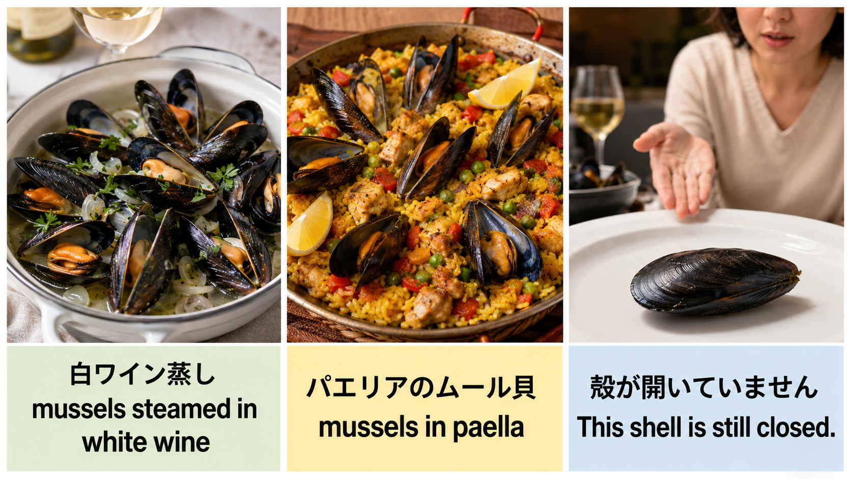 白ワイン蒸し、パエリア、閉じた殻の英語表現図解