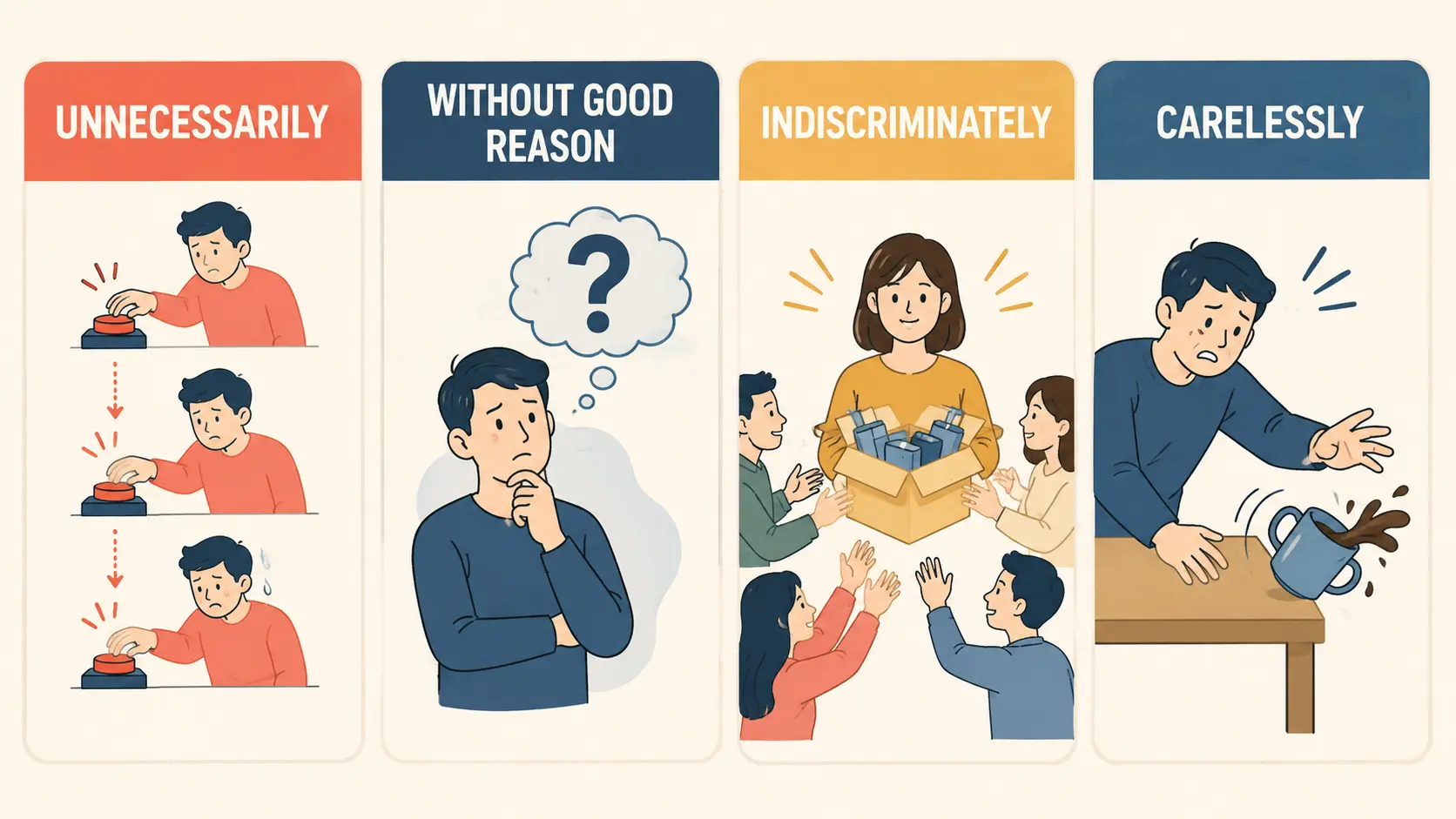 unnecessarily、without good reason、indiscriminately、carelesslyの違い