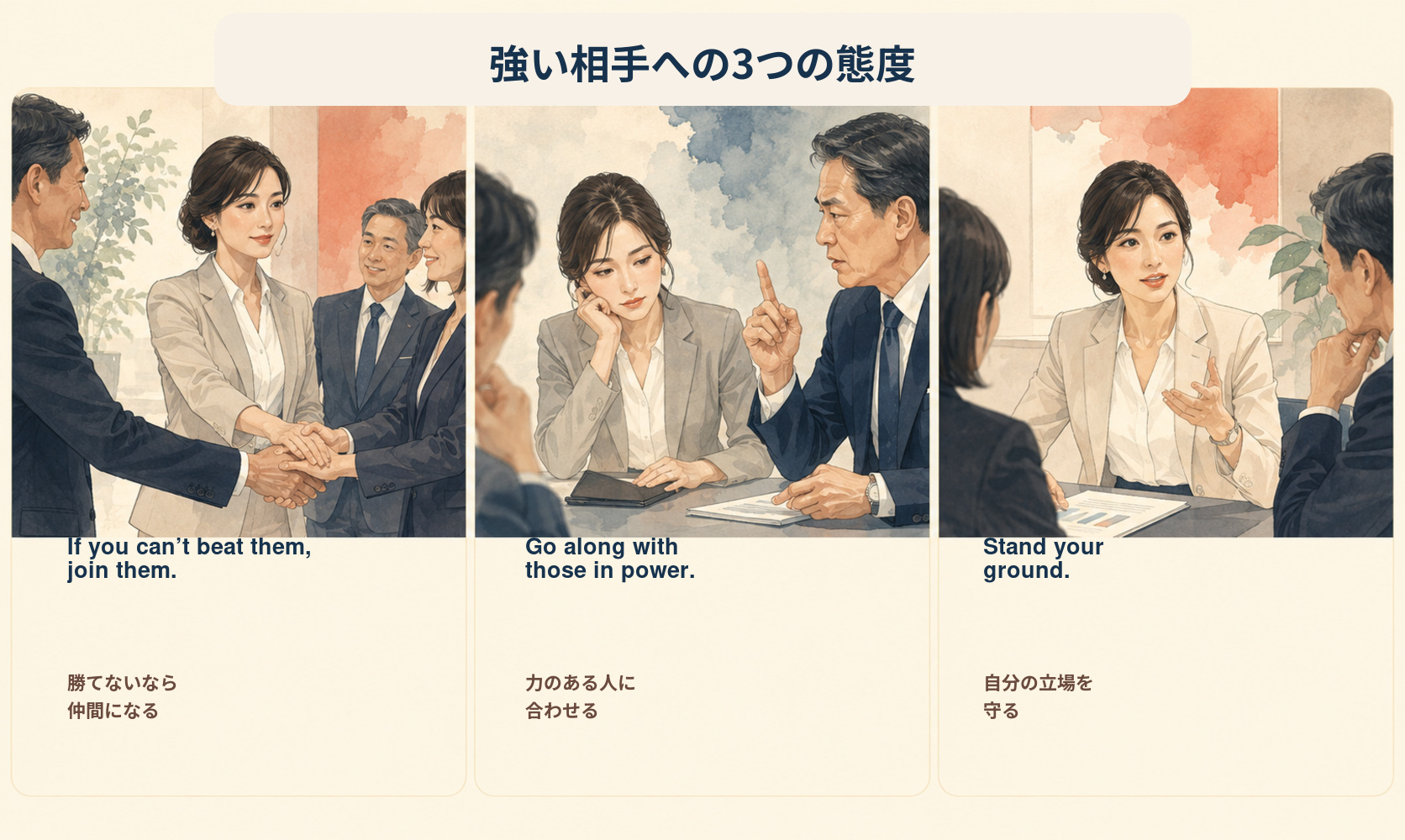 長いものには巻かれろに近い英語表現を場面別にまとめたイラスト