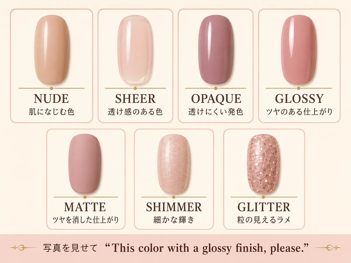 nude、sheer、opaque、glossy、matte、shimmer、glitterの違いを示す比較図