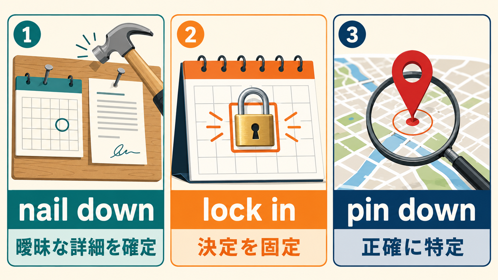 nail down・lock in・pin downのニュアンスの違い