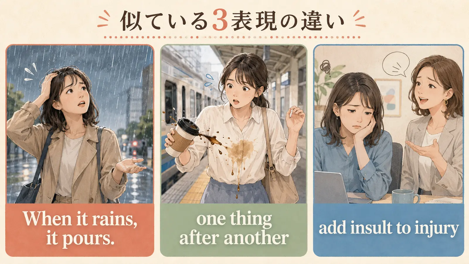When it rains, it pours、one thing after another、add insult to injuryの違いを示すイラスト