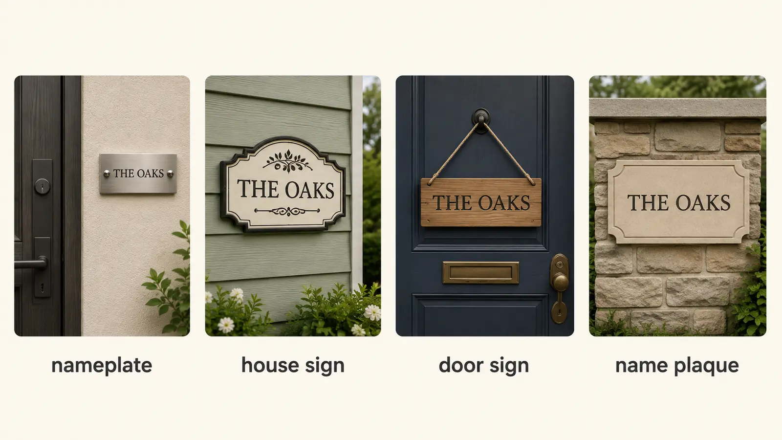 nameplate、house sign、door sign、name plaqueの4種類を比較した英語学習イラスト