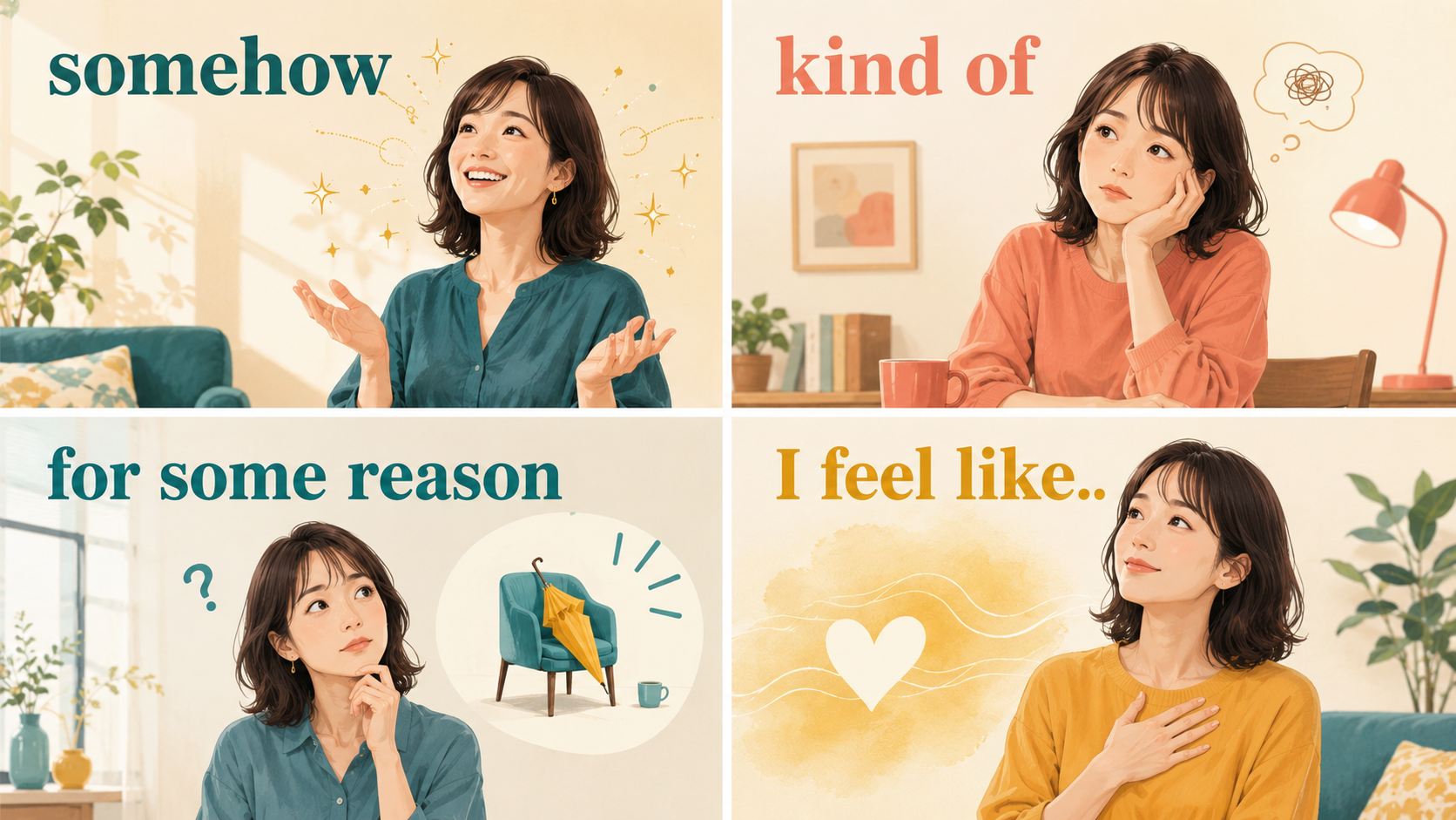 somehow、kind of、for some reason、I feel likeの違い