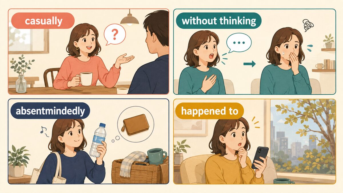 casually、without thinking、absentmindedly、happened toの違い