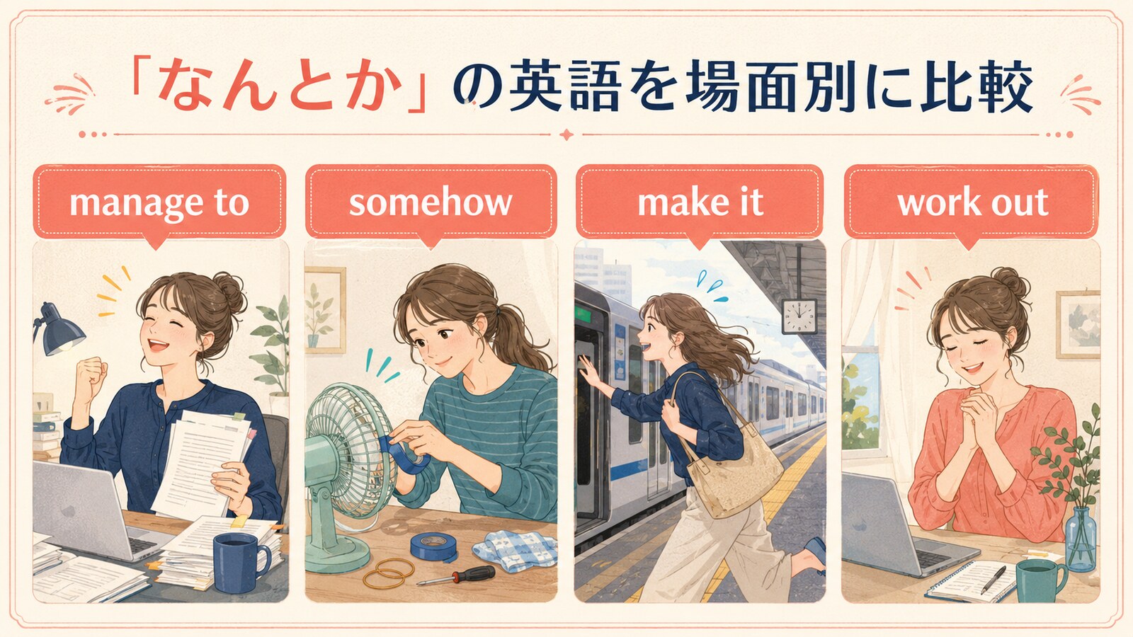 なんとかを表すmanage to、somehow、make it、work outの場面別比較
