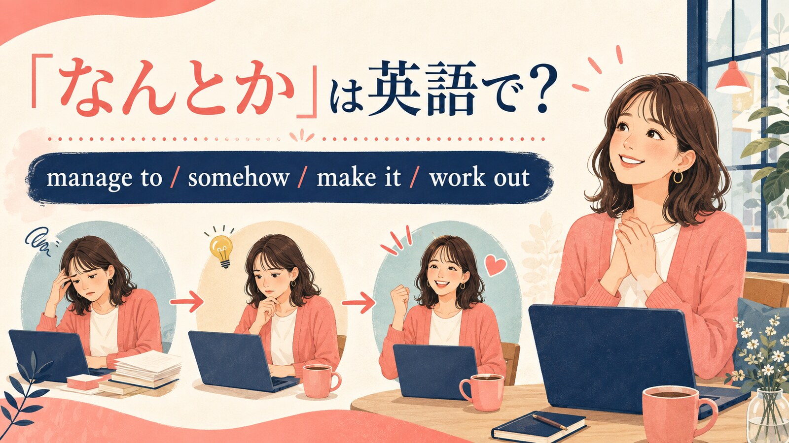 「なんとか」は英語で？Manage to・Somehow・Make it・Work outの違い