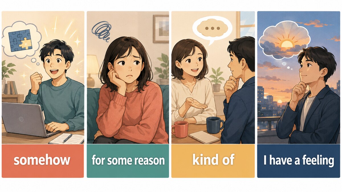 somehow、for some reason、kind of、I have a feelingの比較イラスト