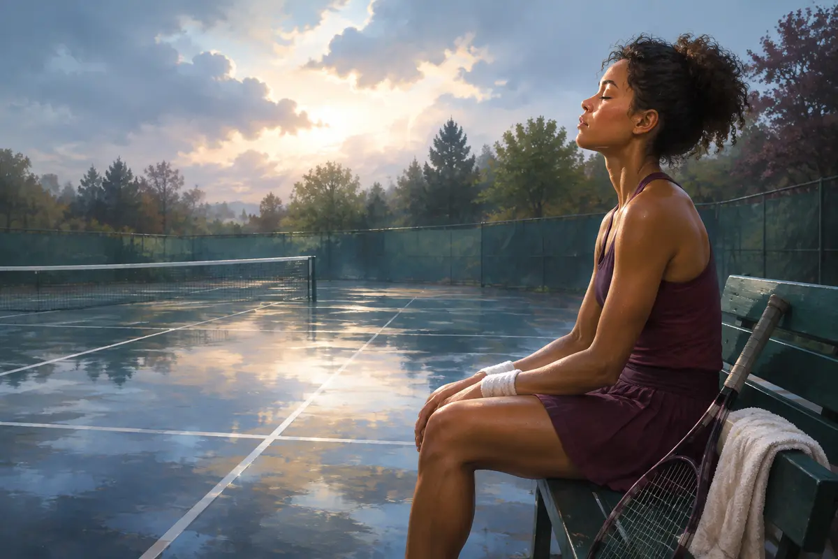A tennis player giving herself time to breathe and recover after the rain