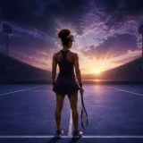 A tennis player calmly preparing for the next point at dawn