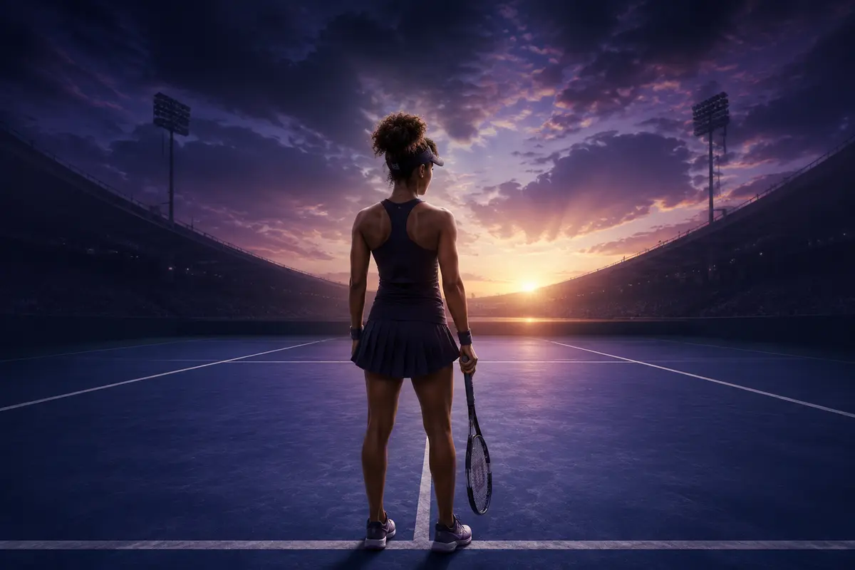 A tennis player calmly preparing for the next point at dawn