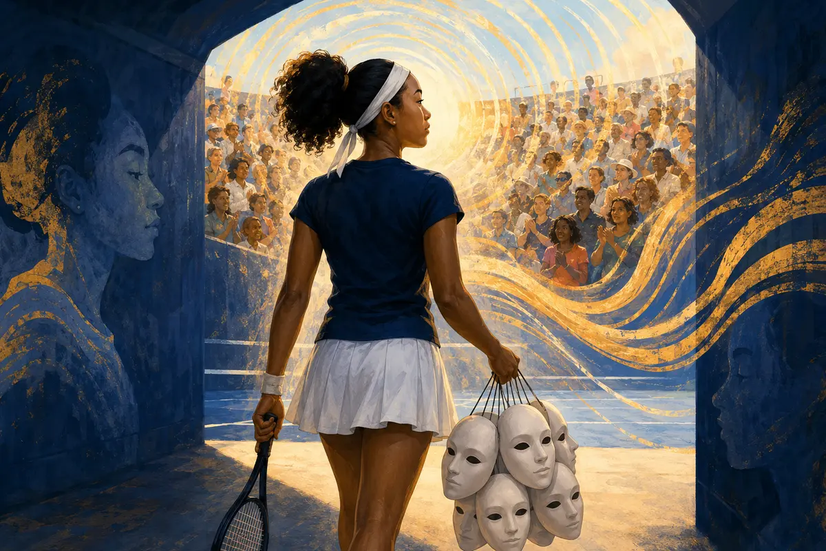 A tennis player carrying blank masks and stepping forward to use her own voice