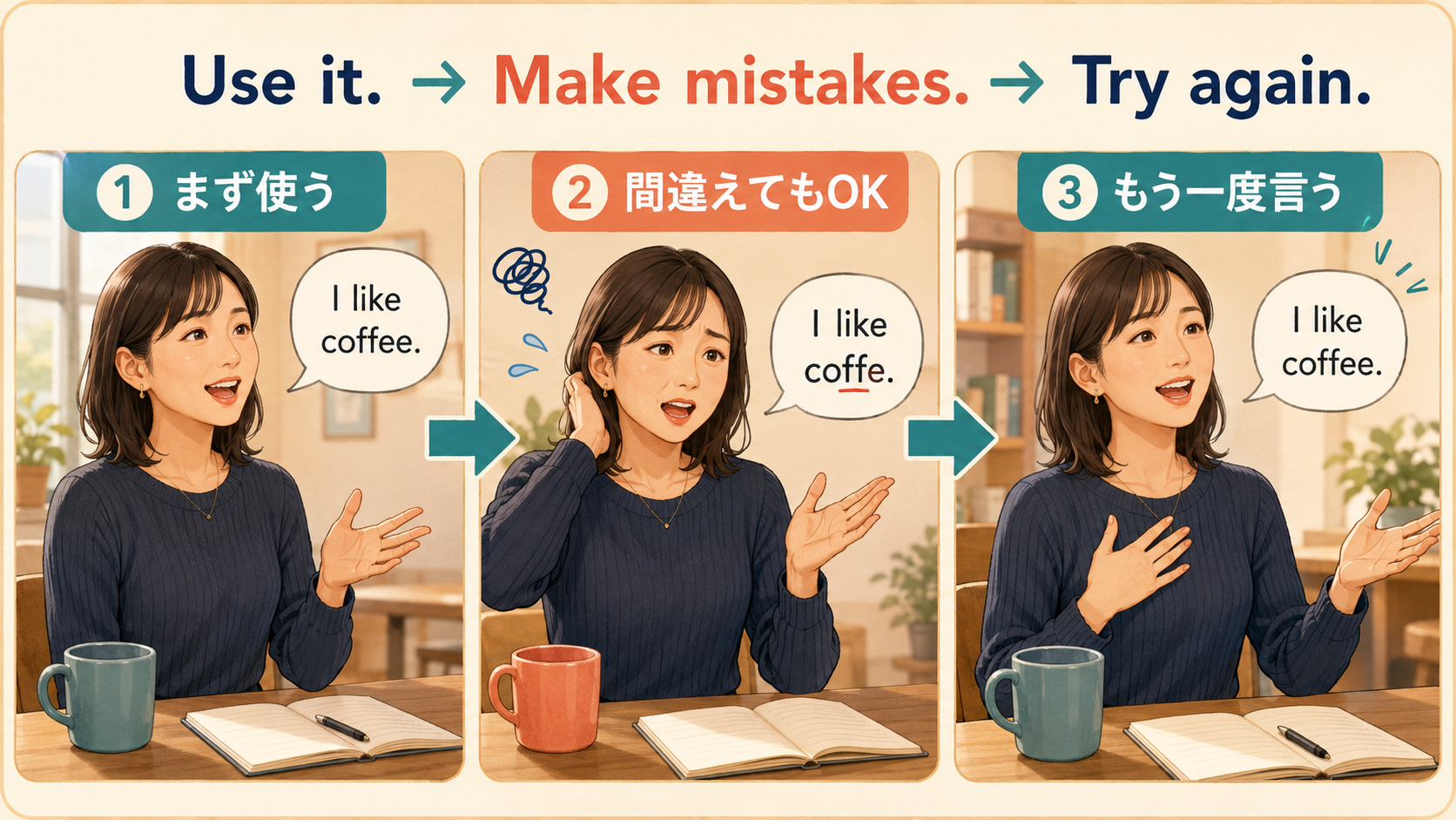 まず使う、間違えてもOK、もう一度言うという英会話練習の3ステップ