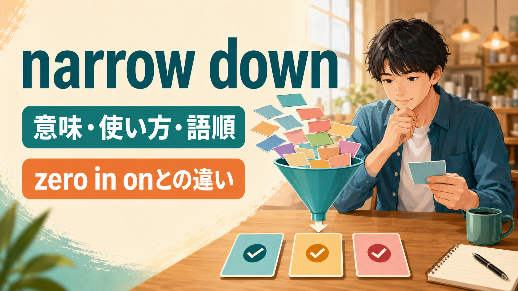 narrow downの意味・使い方・語順とzero in onとの違い