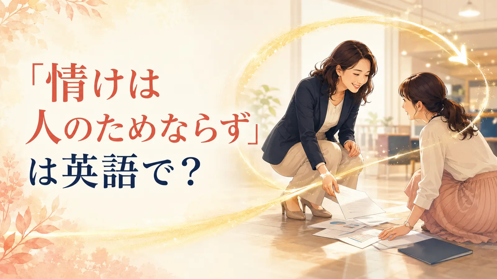 「情けは人のためならず」は英語で?と親切が巡る様子を描いたイラスト