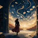図書館から未知の世界へ踏み出す女性を描いた、ナタリー・ポートマンの名言のイメージアート