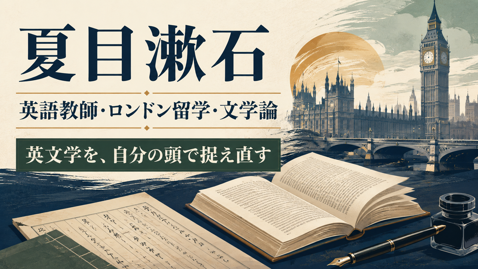 夏目漱石が英語教師とロンドン留学を経て文学を自分の頭で捉え直したことを示すアイキャッチ
