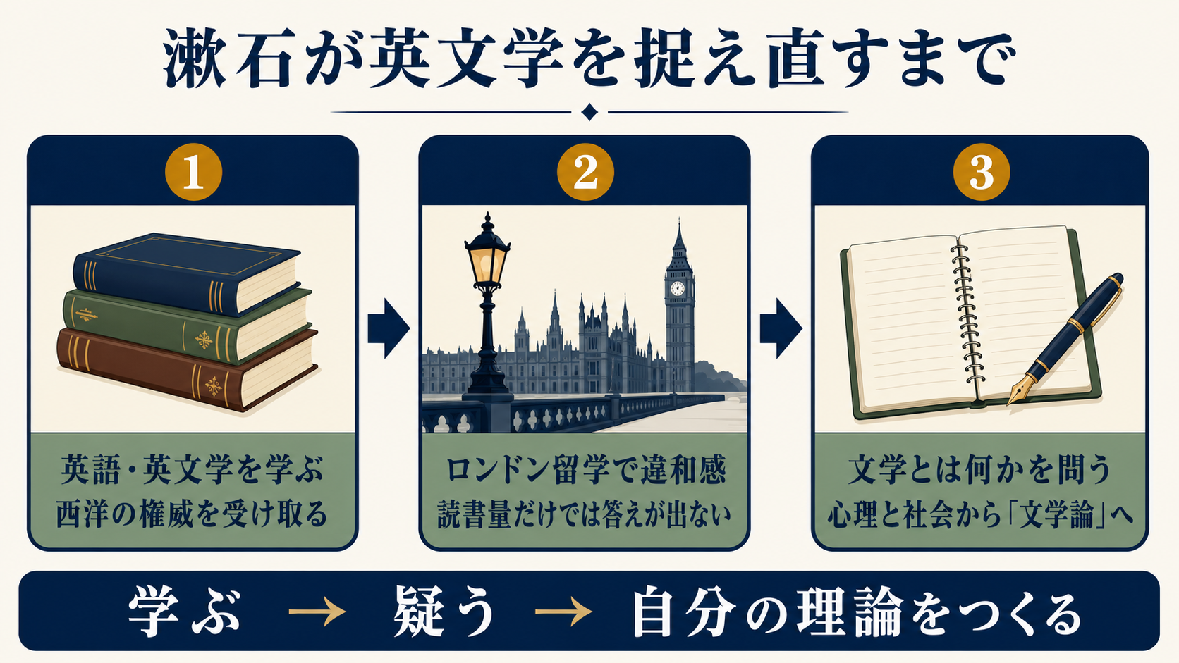 英語と英文学を学びロンドン留学で違和感を抱いた漱石が文学論へ進む流れ