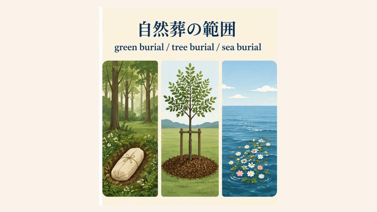 自然葬の英語表現と文化差を説明するイラスト