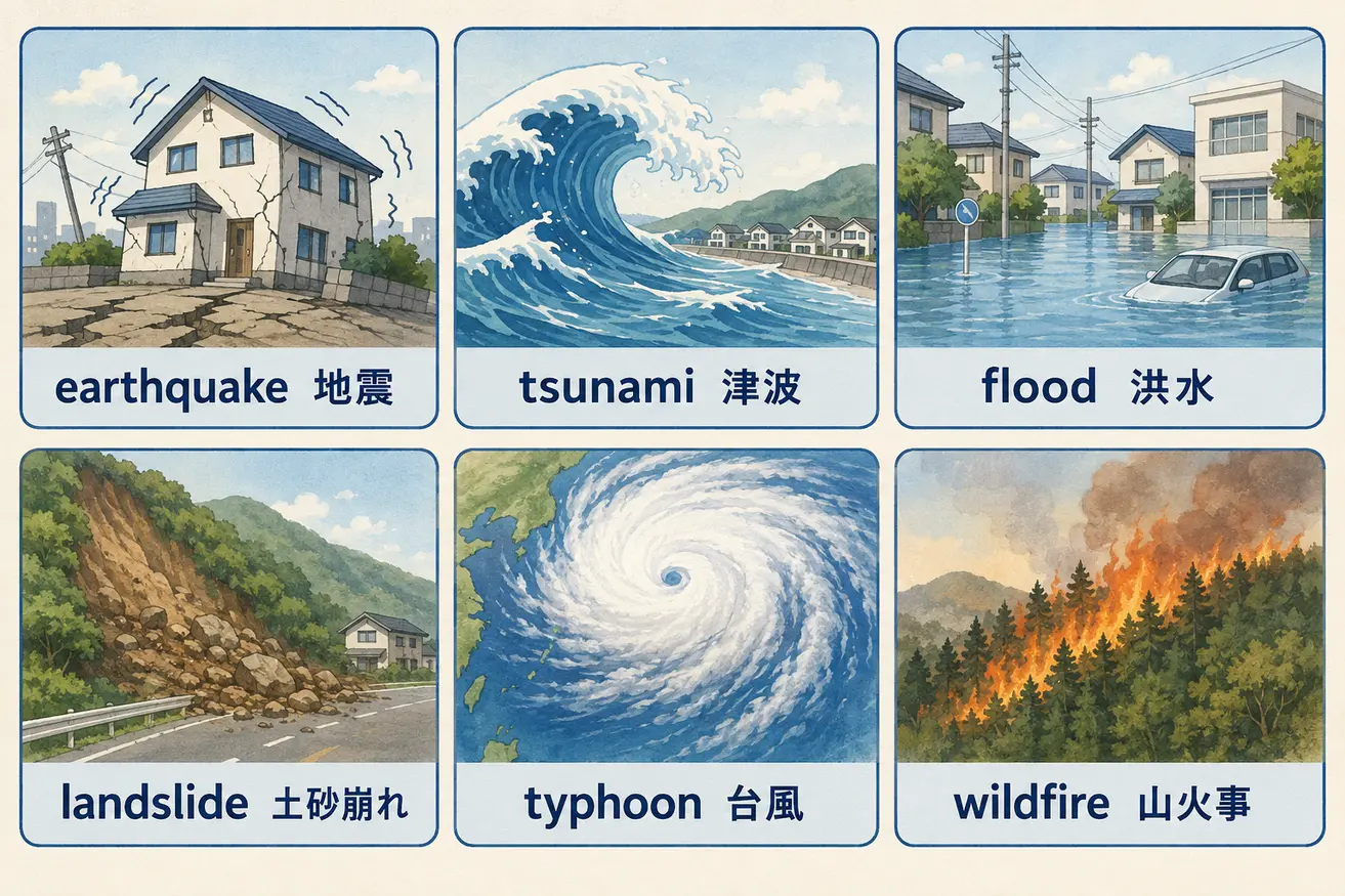 earthquake・tsunami・flood・landslide・typhoon・wildfireの自然災害英語一覧