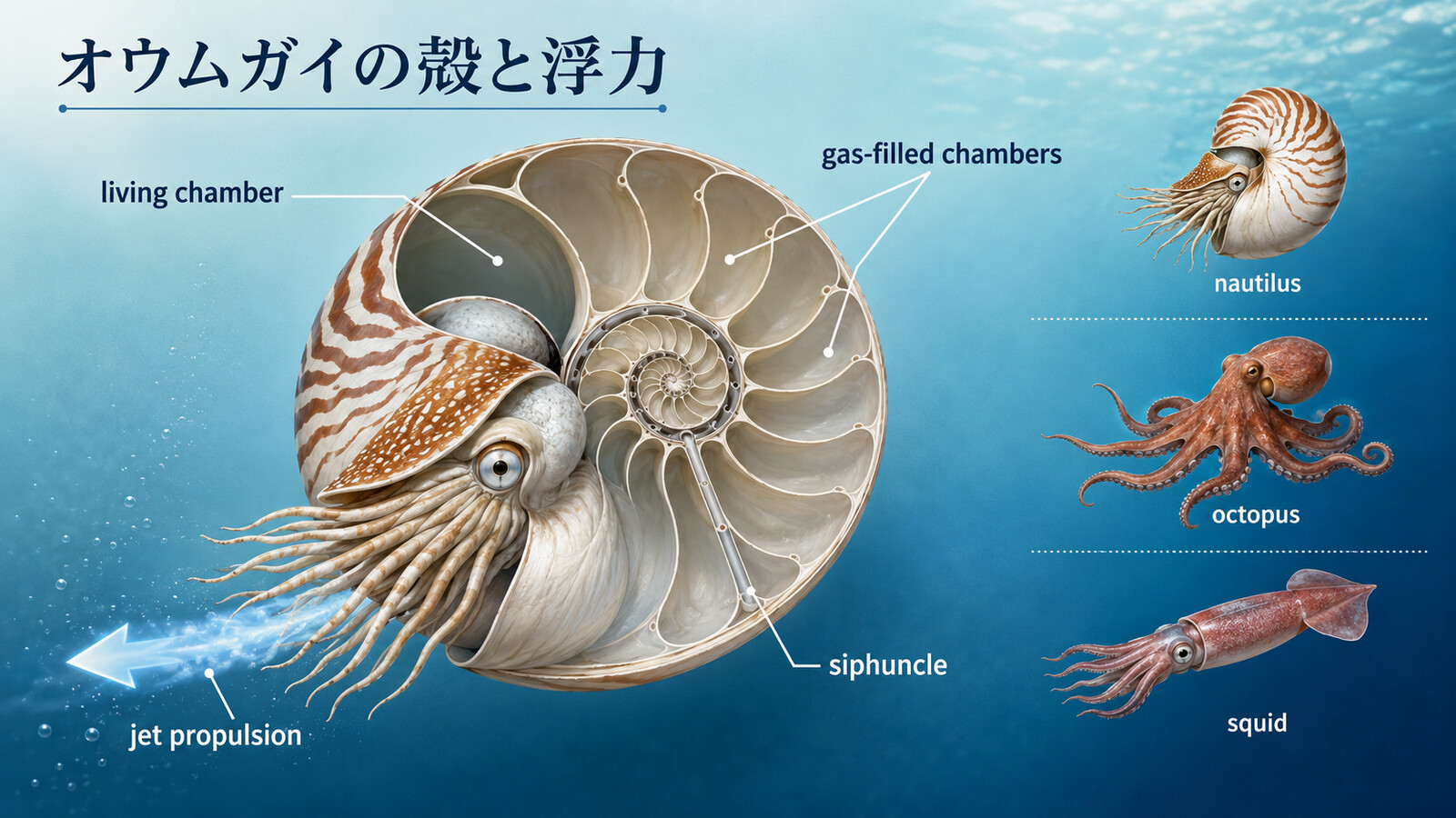 オウムガイの殻の部屋と浮力、jet propulsion、octopus、squidとの違いを示す英語図解