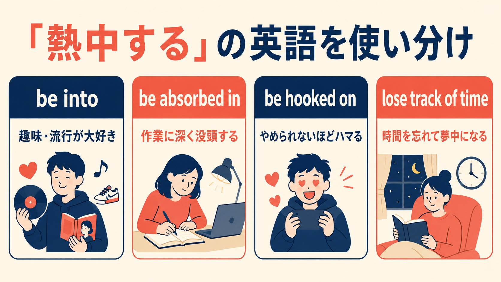be into・be absorbed in・be hooked on・lose track of timeの違い