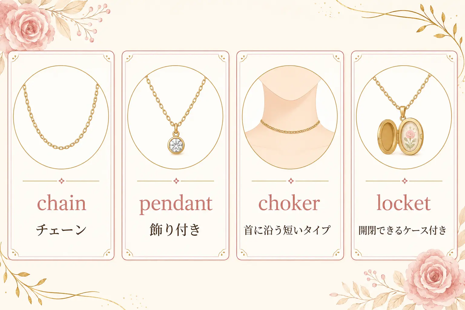 chain pendant choker locketの違いを示す比較図