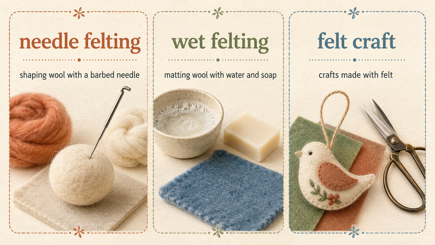 needle felting、wet felting、felt craftの英語表現比較