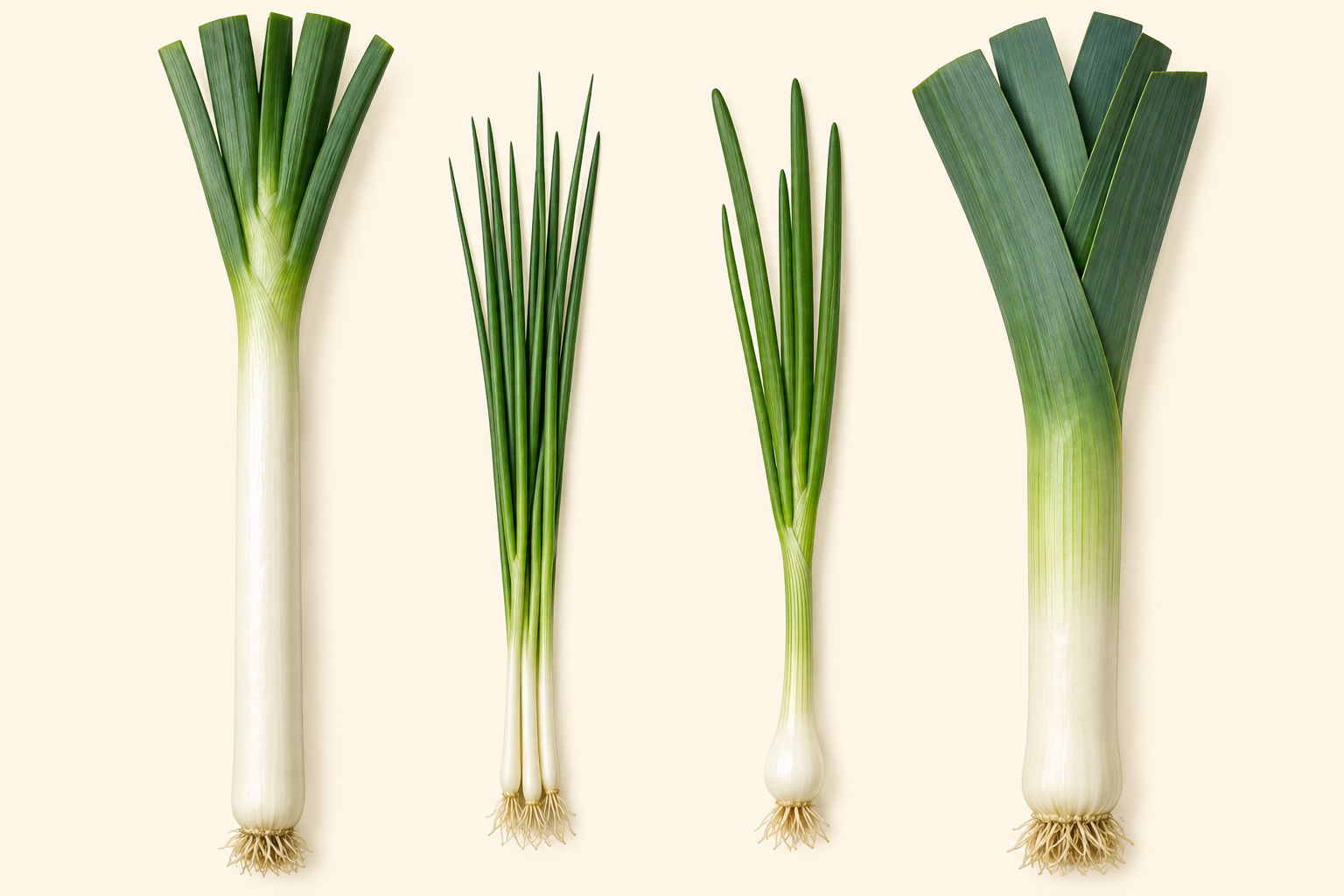 長ネギ、green onion、spring onion、leekの違いを示す比較イラスト