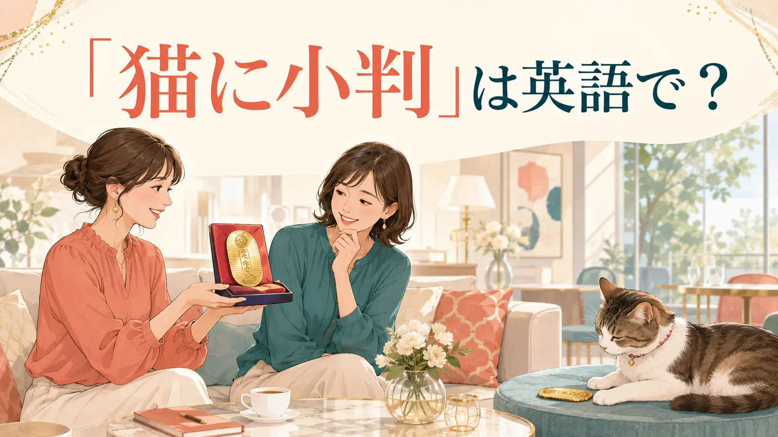 「猫に小判」は英語で?と解説する女性向け英語学習イラスト
