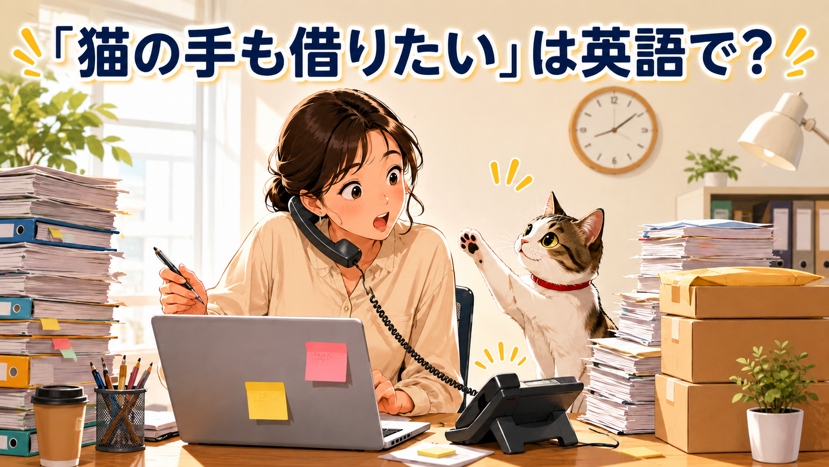 仕事が山積みの女性に猫が手を貸そうとする「猫の手も借りたい」のイラスト
