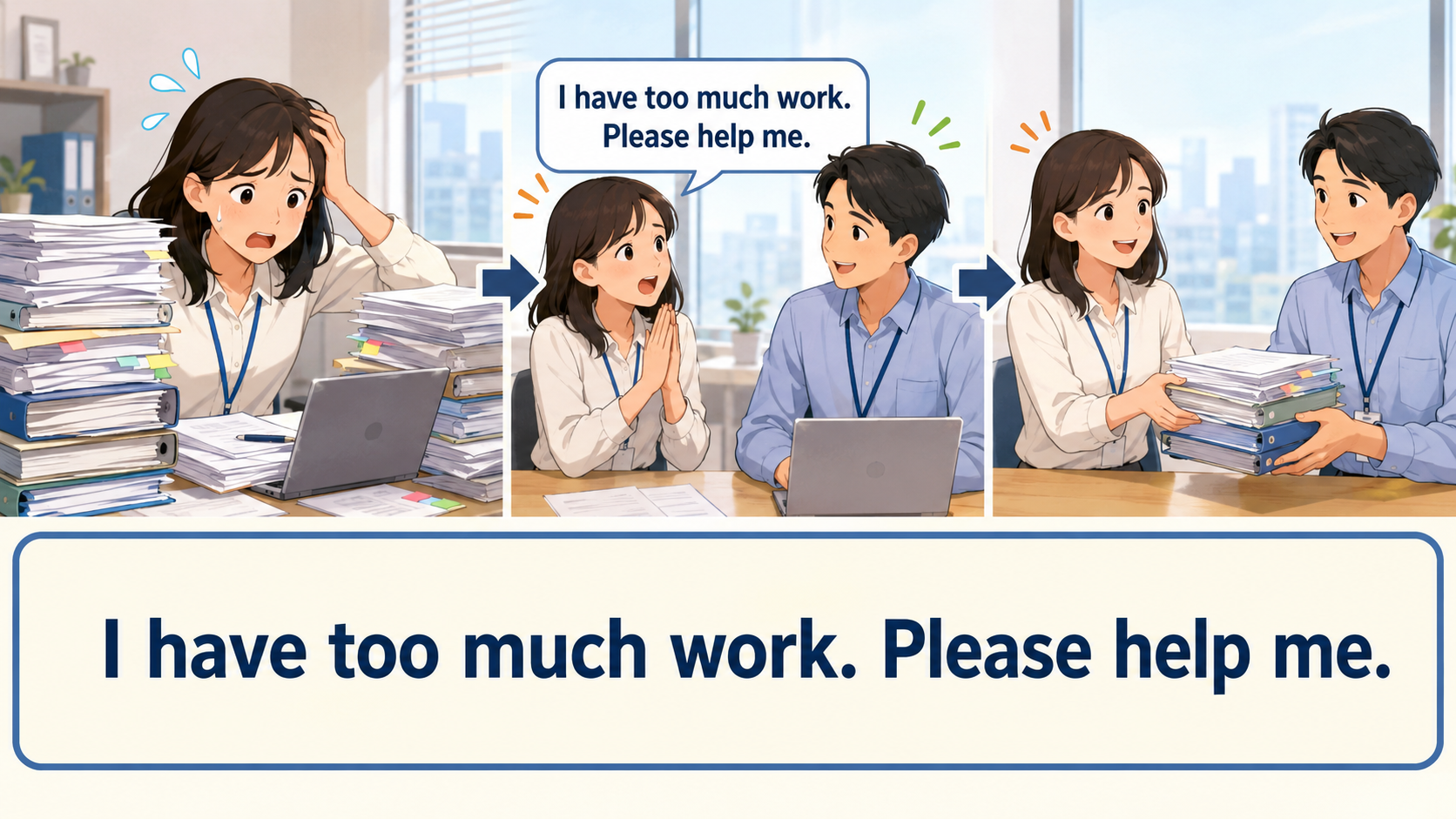 仕事が多すぎるため同僚に助けを求める簡単な英語のイラスト