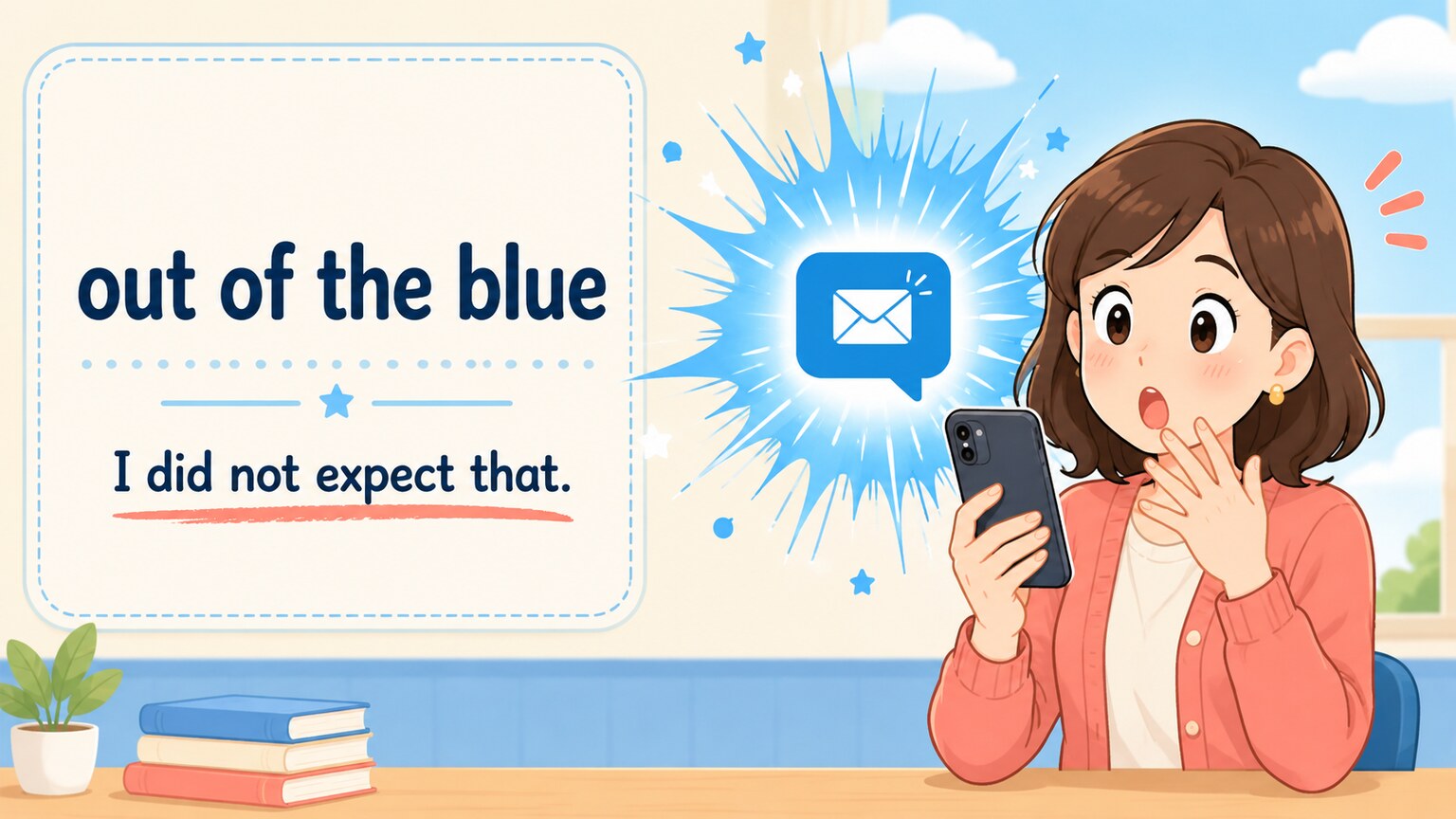 寝耳に水を out of the blue と I did not expect that. で表すイラスト