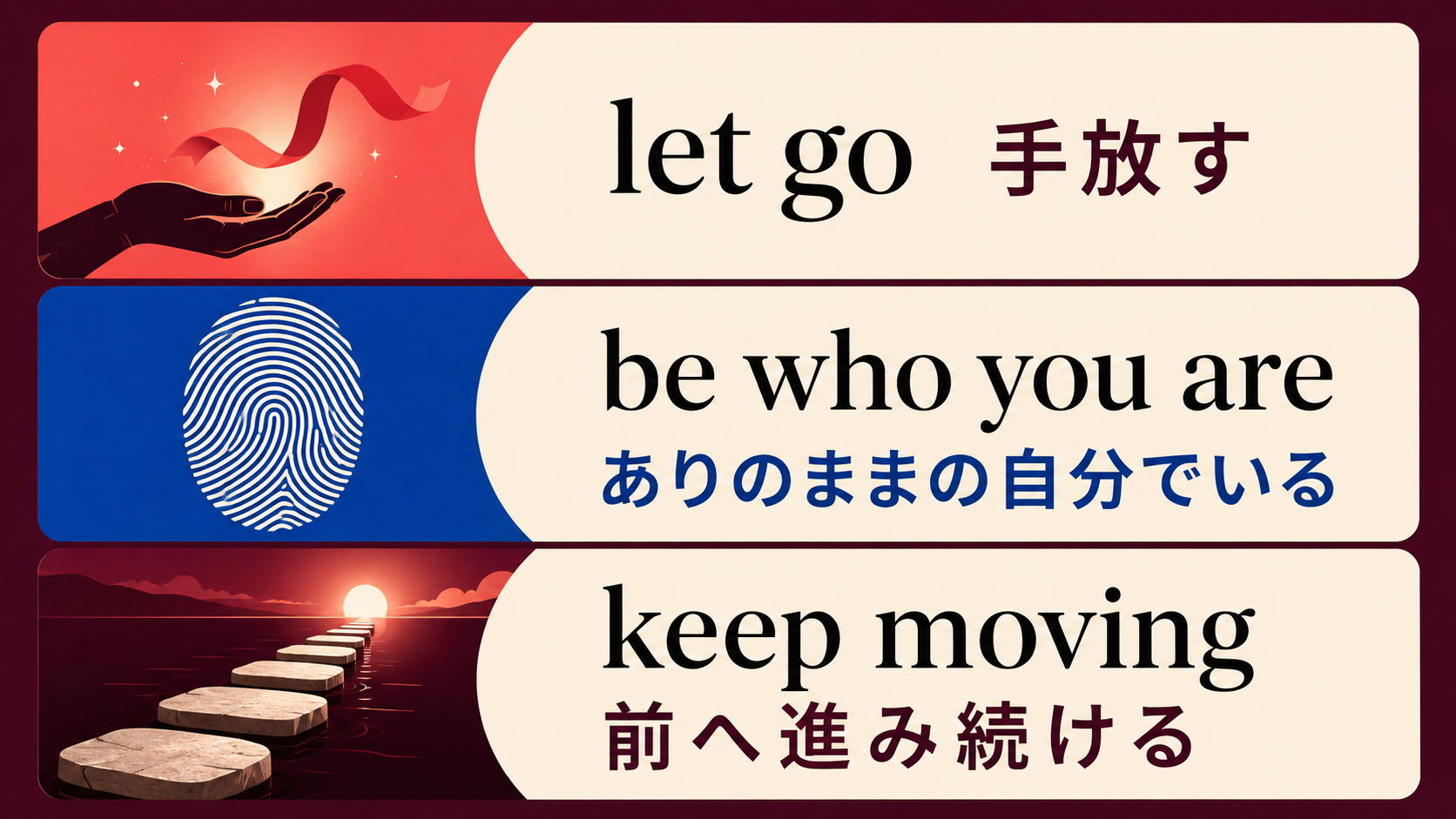 let go、be who you are、keep moving の意味