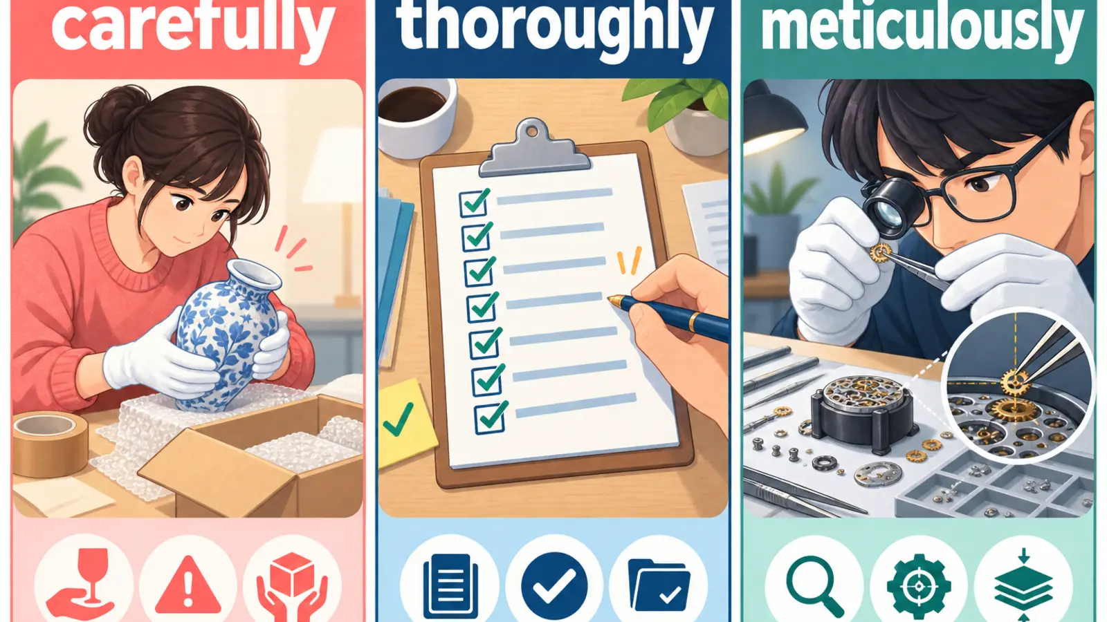 carefully、thoroughly、meticulouslyの違い