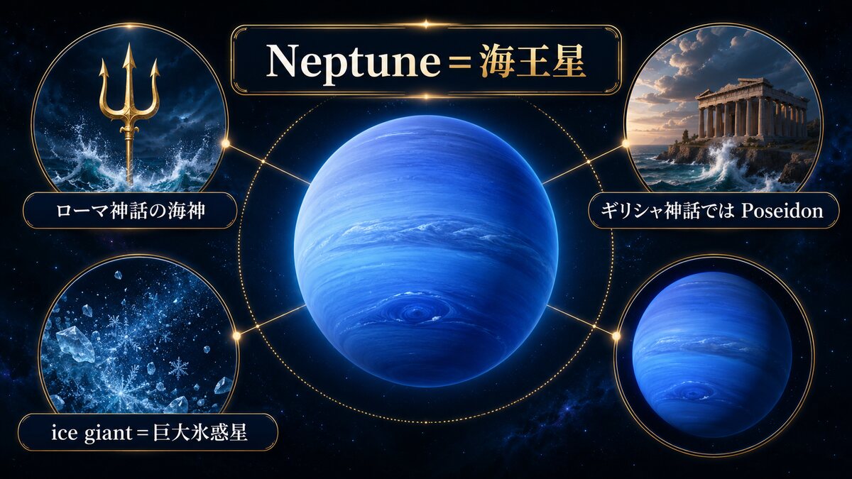 Neptuneは海王星、ローマ神話の海神、ギリシャ神話のPoseidon、ice giantは巨大氷惑星という関係を示す図解