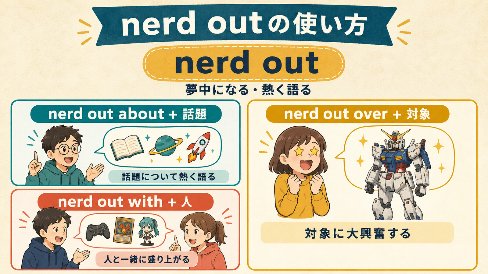 nerd out、nerd out about、nerd out over、nerd out withの使い方比較