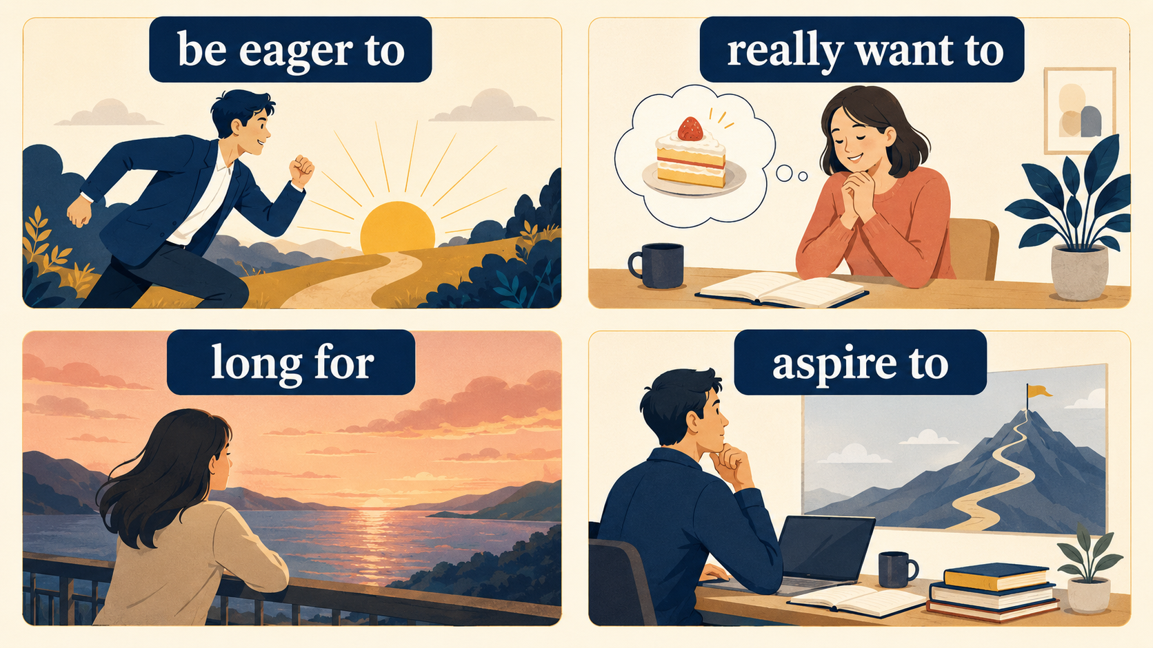 be eager to・really want to・long for・aspire toの違いを示すイラスト