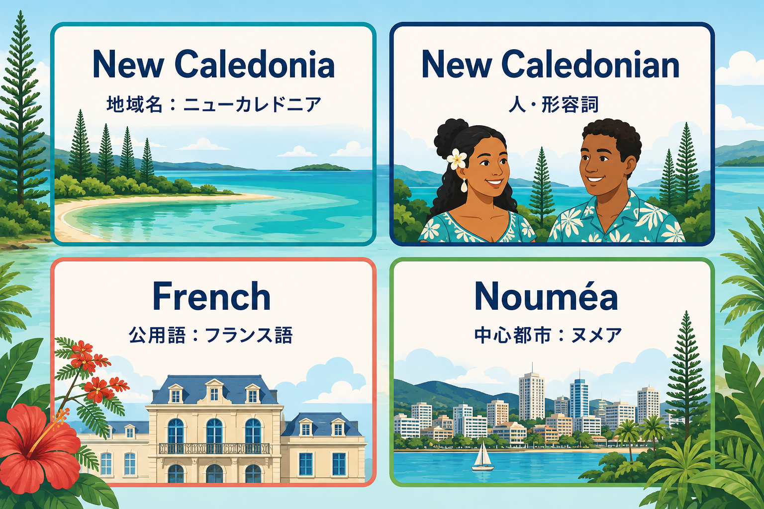 New Caledonia、New Caledonian、French、Nouméaの違いを示す図