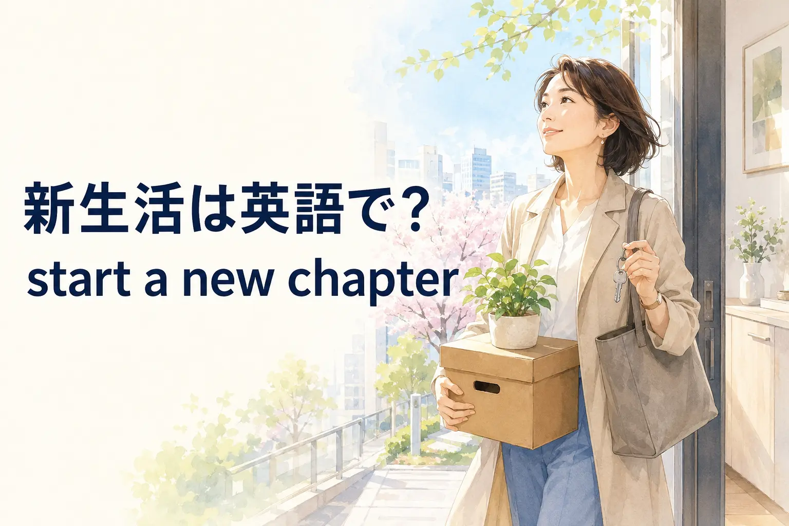 新生活は英語でstart a new chapterと紹介する春のイラスト