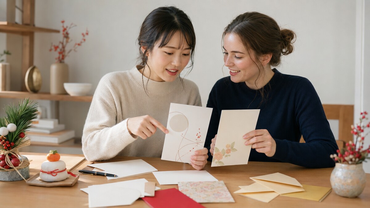英語の年賀状を一緒に考える女性たち