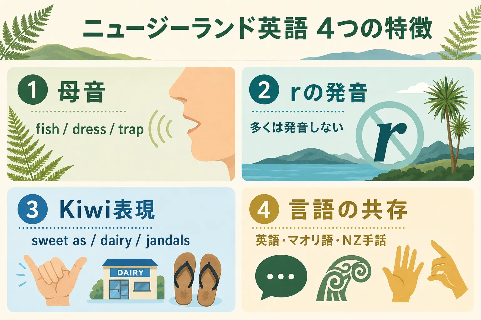ニュージーランド英語の母音・rの発音・Kiwi表現・言語の共存を整理した図解