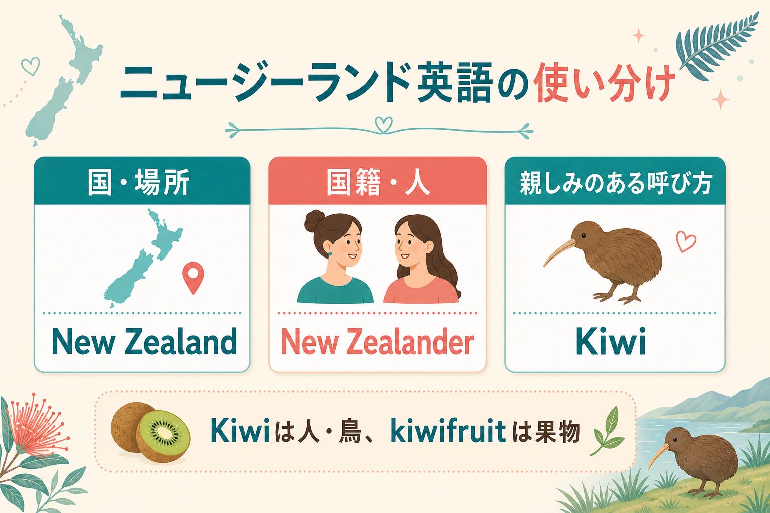 New Zealand・New Zealander・Kiwiの使い分け図