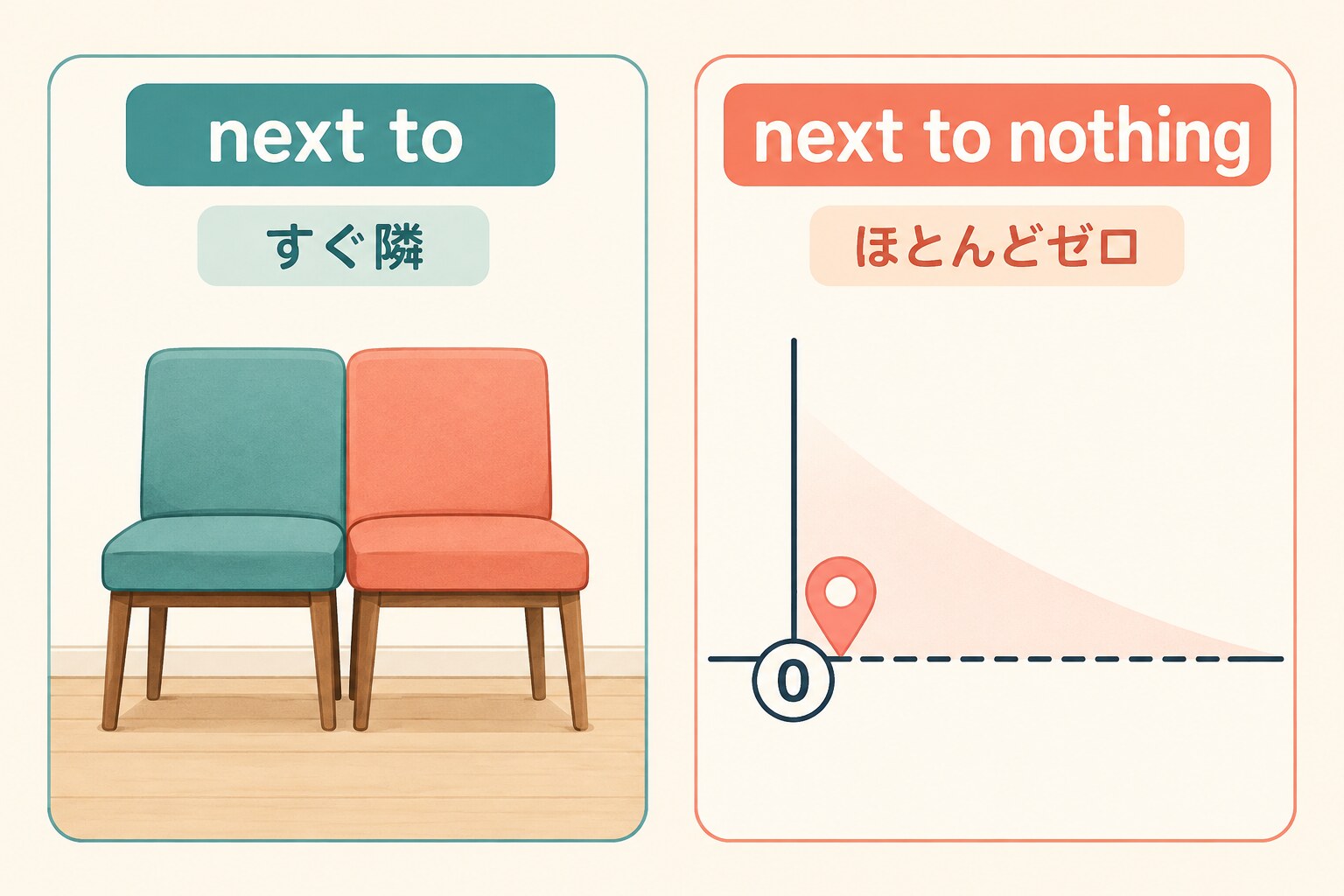 next toの「すぐ隣」からnext to nothingの「ほとんどゼロ」へ広がる意味の図解