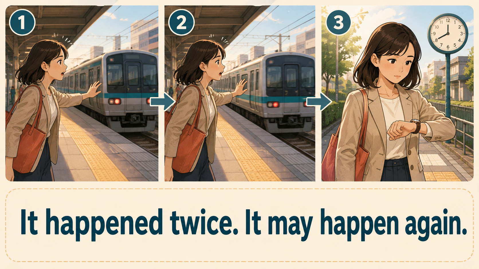 It happened twice. It may happen again.で二度あることは三度あるを簡単な英語に言い換えるイラスト