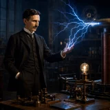 19世紀末の研究室でテスラコイルの実験を行うニコラ・テスラのイメージ
